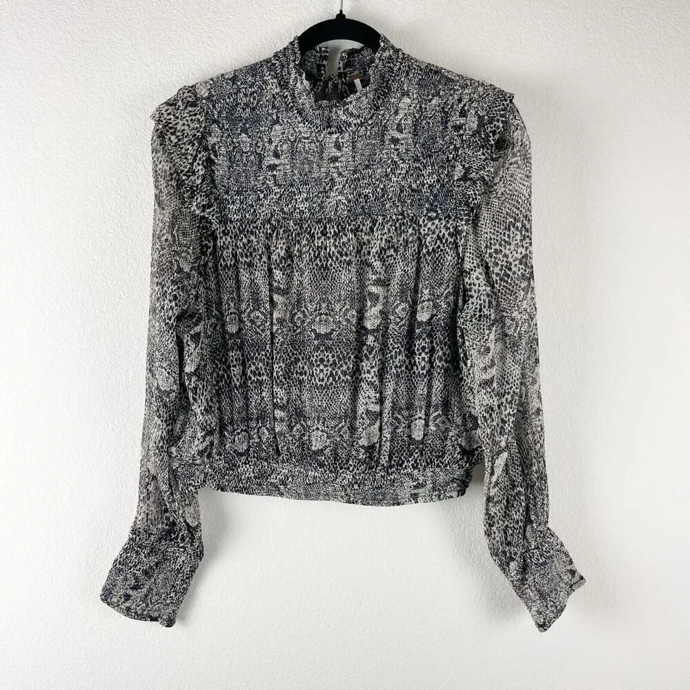 Free People RomaTop Womens Medium Snake Print‎ Smocked Sheer Puff Sleeve Ruffle
